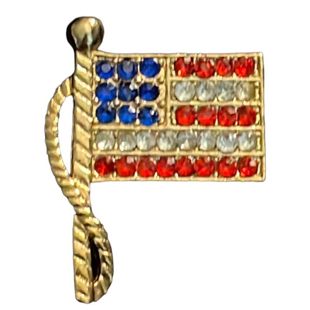 Vintage American Flag Brooch Gold Tone With Rhinestones Lapel Pin U.S.A